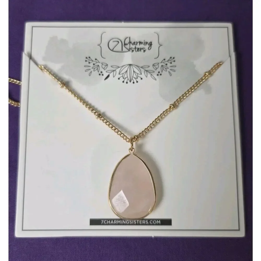 Rose Quartz Teardrop Pendant Necklace On Gold Tone Satellite Station Chain